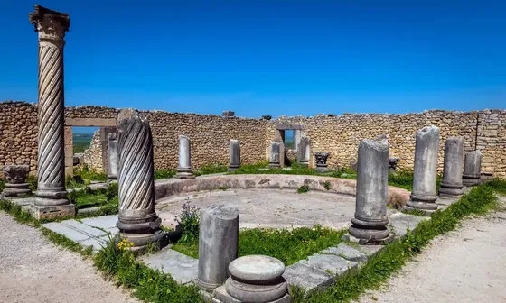 Ruinas romanas de Volubilis con columnas antiguas bajo un cielo azul en Marruecos